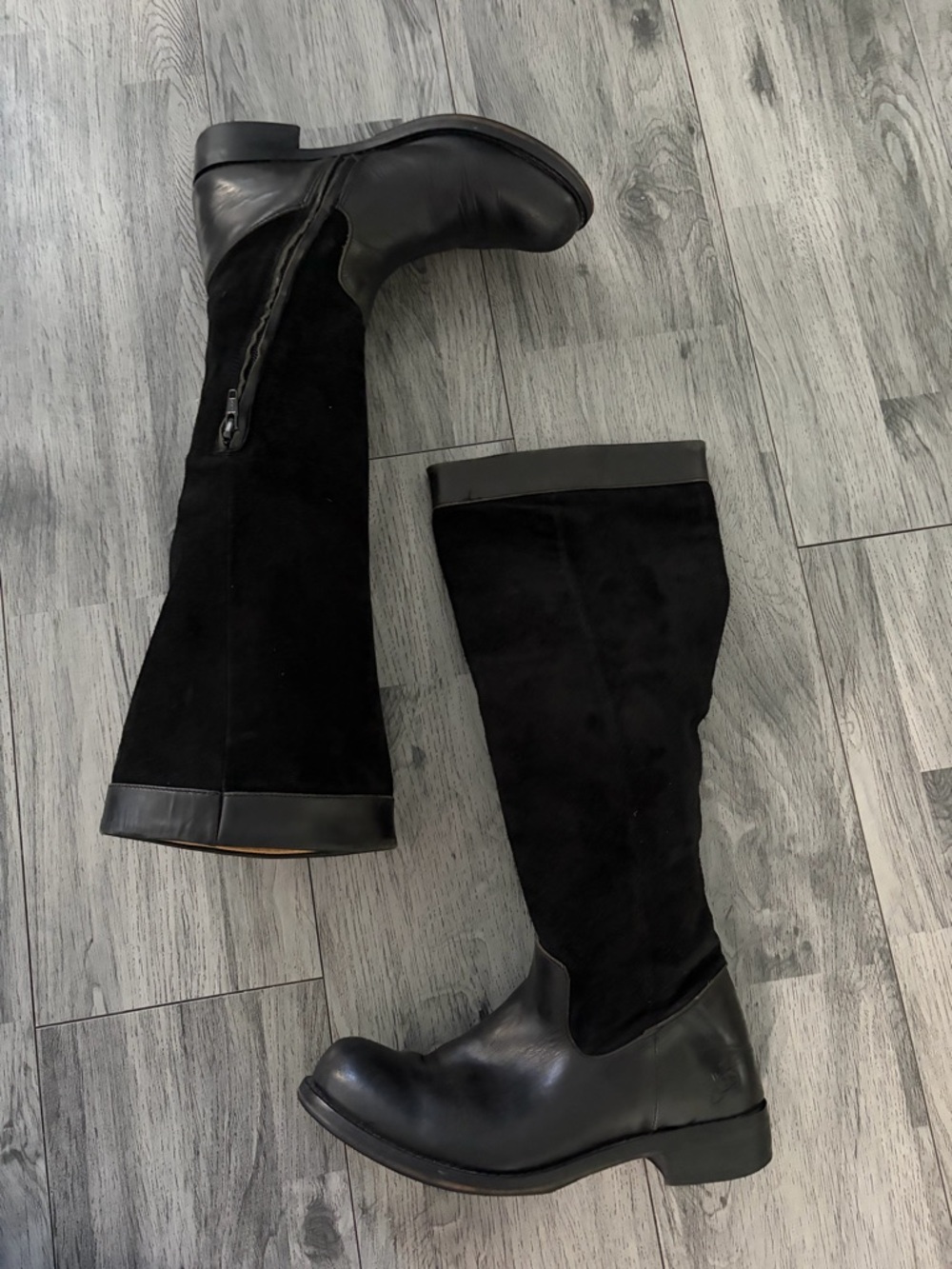 John Fluevog Black Leather and Suede Tall Women’s Riding Boots